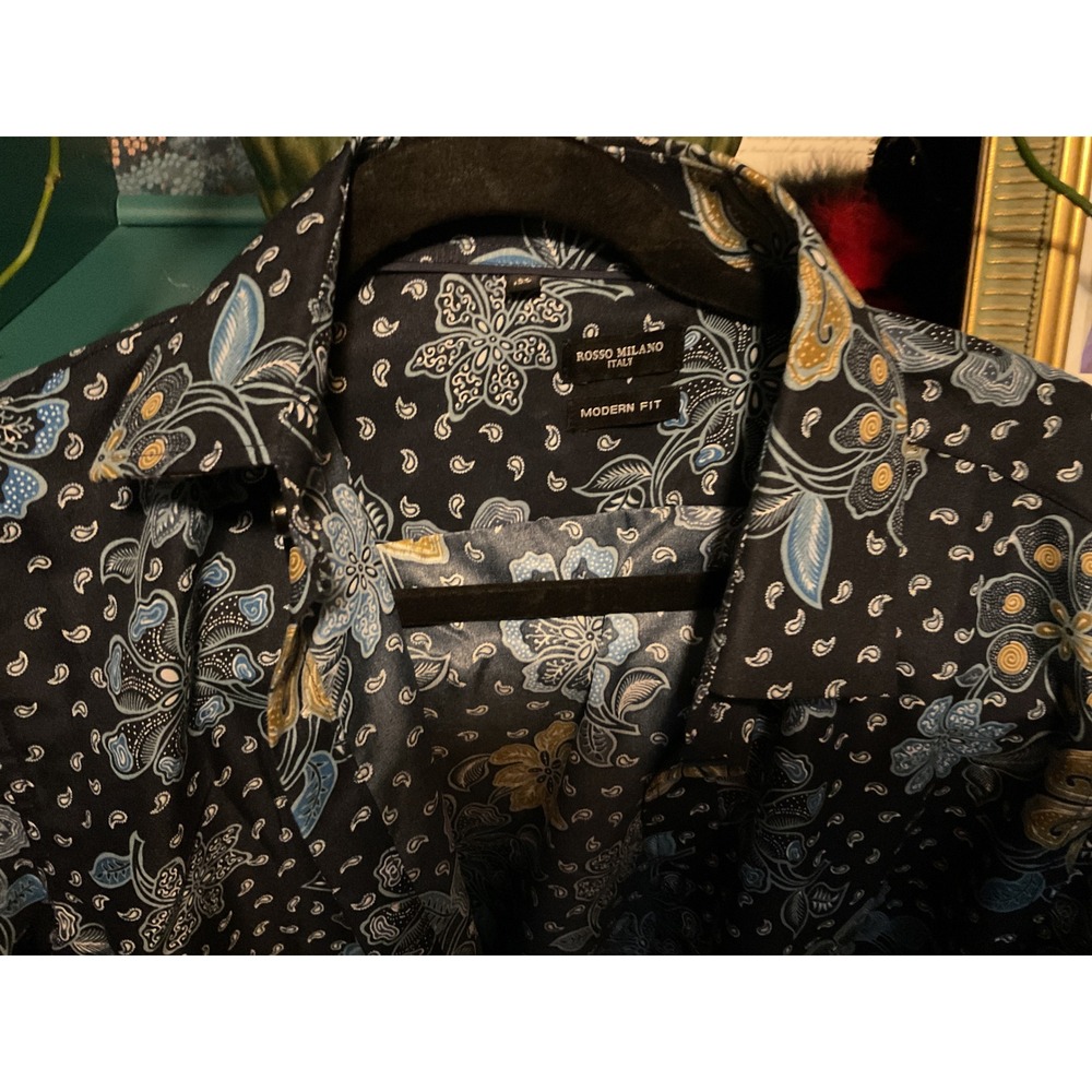 Rosso Milano Italy Mens Modern Fit Floral Paisley Button Down Shirt Navy Blue